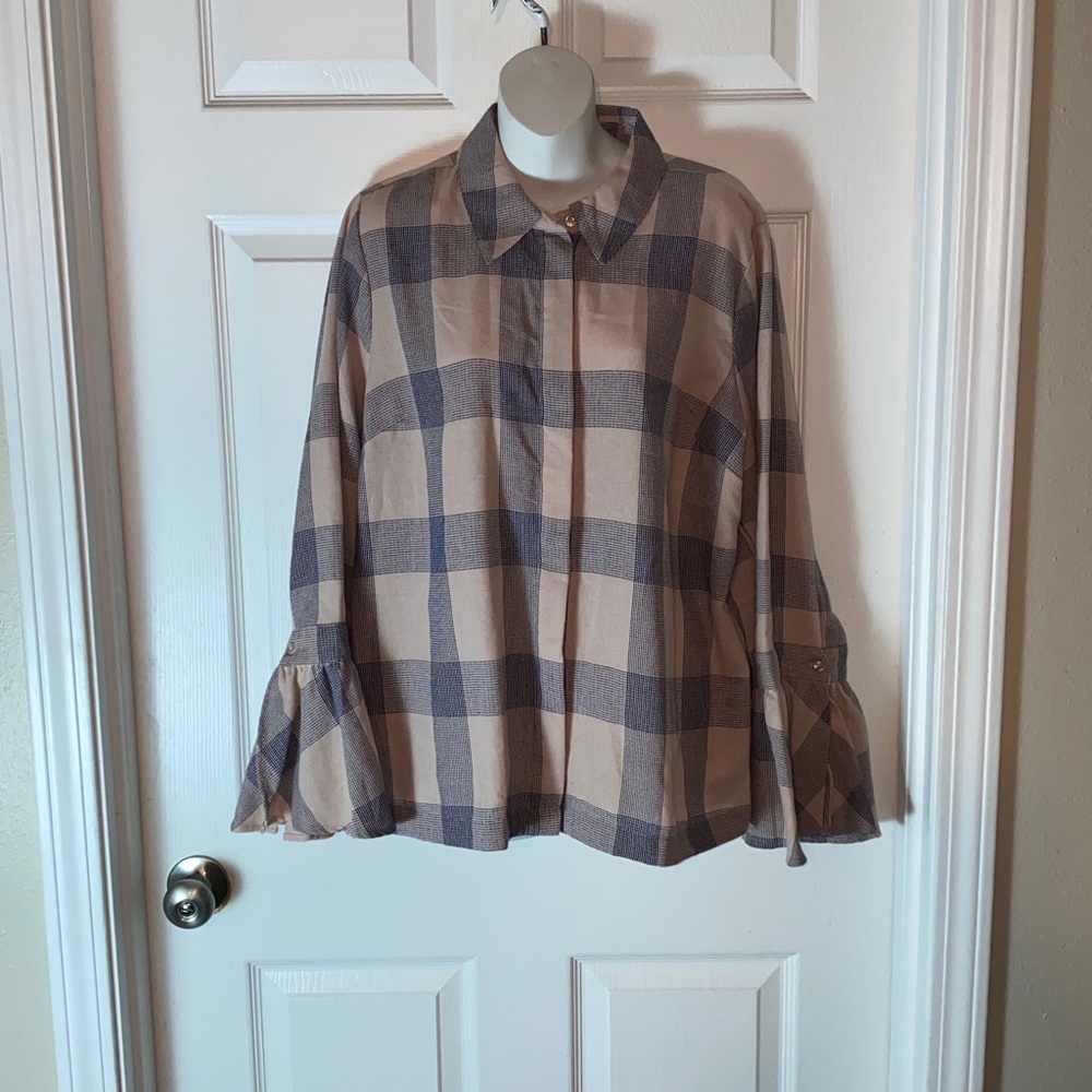 Lane Bryant Pink Plaid Bell Sleeve Lagenlook Button Down Shirt Womans Size 14